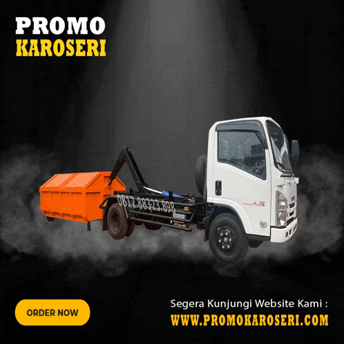 a white truck with an orange dumpster attached to it and the words promo karoseri