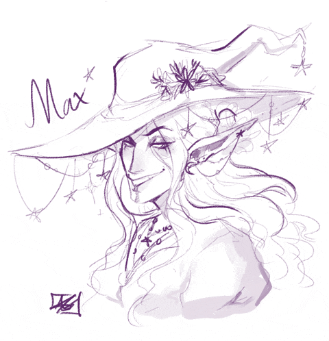 a drawing of a witch with the word max written on it