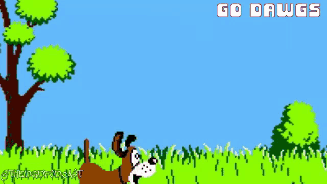 a pixel art of a dog laying in the grass with the words go dawgs above it