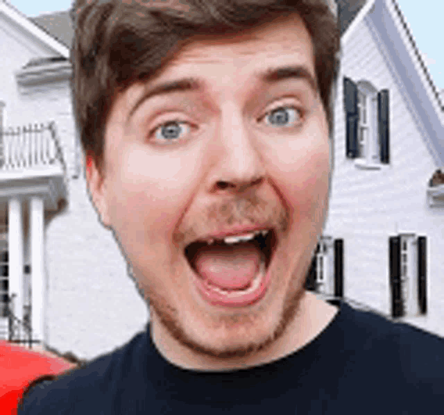 a man with his mouth open is standing in front of a house