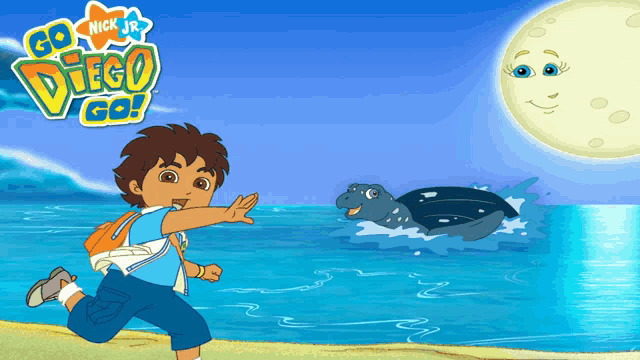 a cartoon of a boy running on the beach with the words go diego go on the bottom