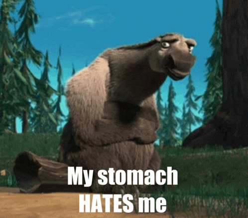 a cartoon bear says " my stomach hates me " in front of a forest