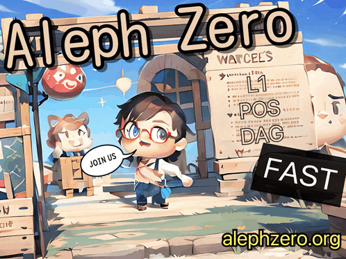 an advertisement for aleph zero shows a boy with glasses and a speech bubble saying join us