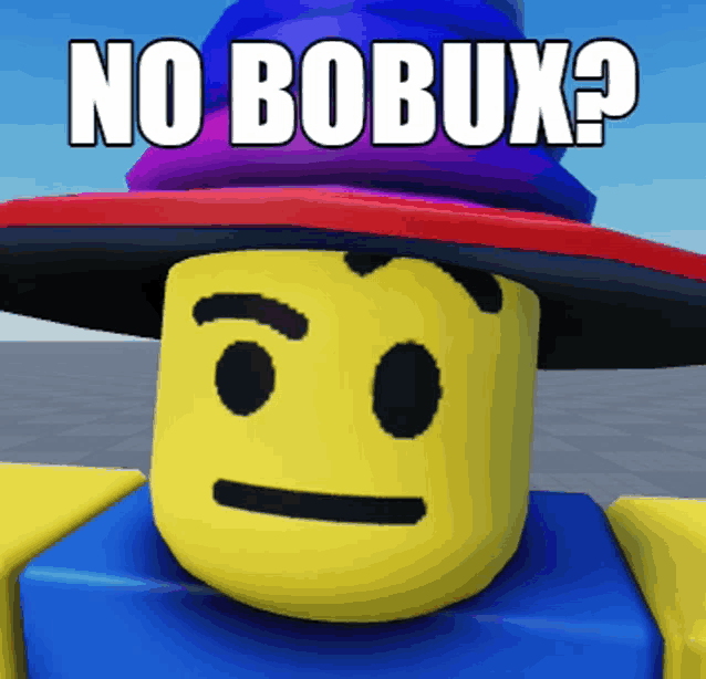 a yellow lego character wearing a hat with the words " no bobux " written on it