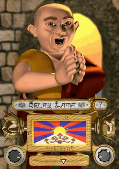 a cartoon of a monk with a sign that says delay lama