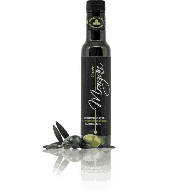 a bottle of cuvee extra virgin olive oil next to olives