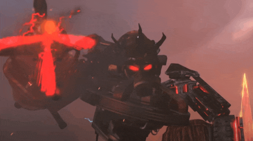 a robot with red eyes and horns is being attacked by a red light