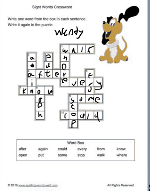 a sight words crossword with wendy the dog