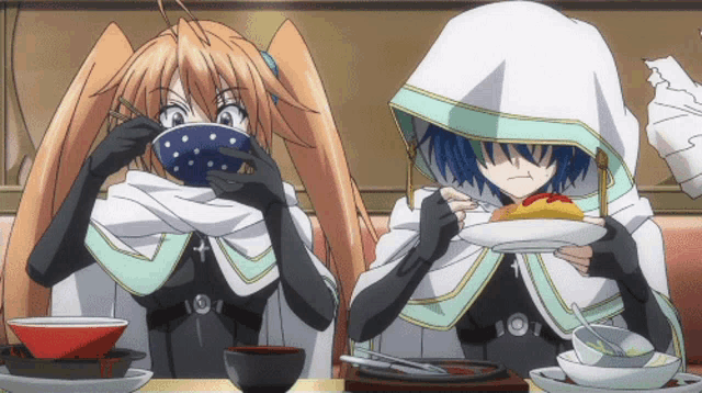 two anime characters are sitting at a table with bowls of food