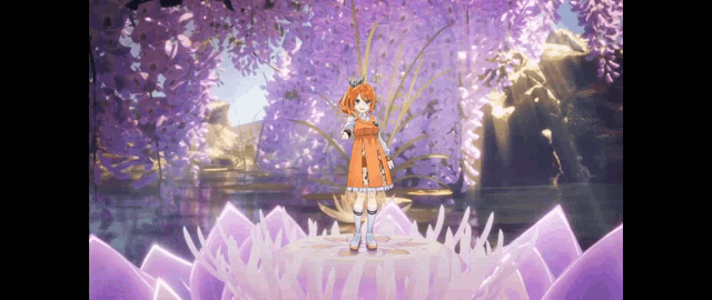 a little girl in an orange dress is standing on a purple flower