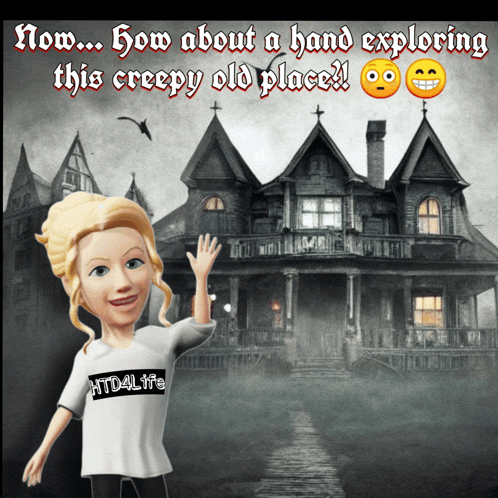 a cartoon of a woman standing in front of a haunted house