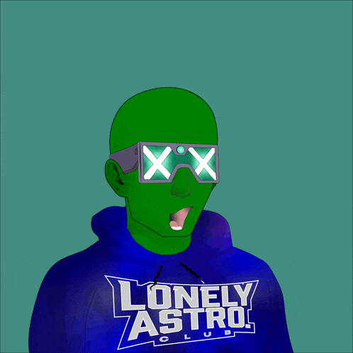 a man wearing a blue hoodie that says lonely astro