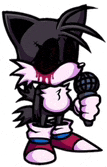 tails from sonic the hedgehog is holding a microphone and has blood on his face .