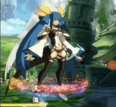 a video game character with blue hair and wings is standing in a circle in a video game .