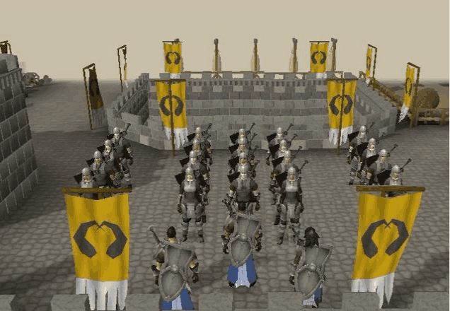 a group of soldiers are standing in front of a castle with a yellow banner that has the letter c on it