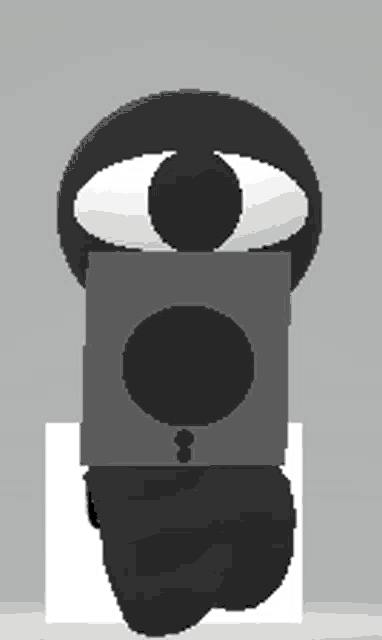 a black cartoon character with white eyes is sitting on a white cube