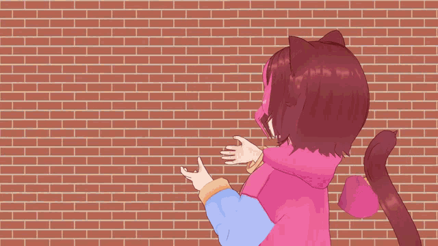 a girl with cat ears is standing in front of a brick wall with her hands outstretched