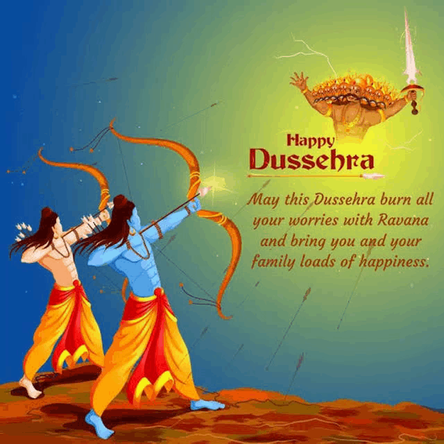 a greeting card for happy dussehra with a picture of ram and rama