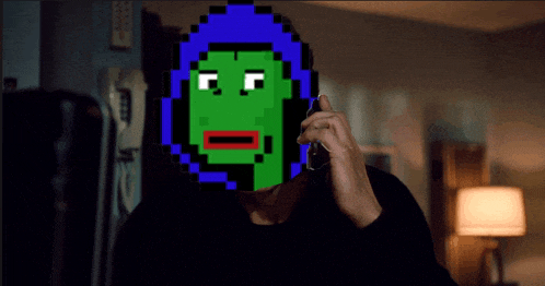 a pixelated image of a man talking on a cell phone