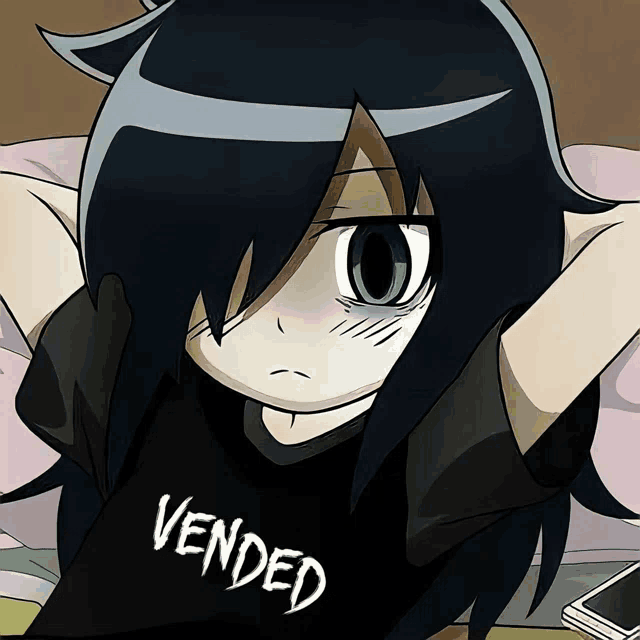 a girl with a black shirt that says vended on it