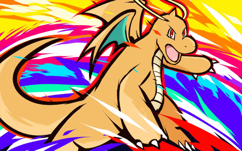 a colorful drawing of a dragon with a rainbow background