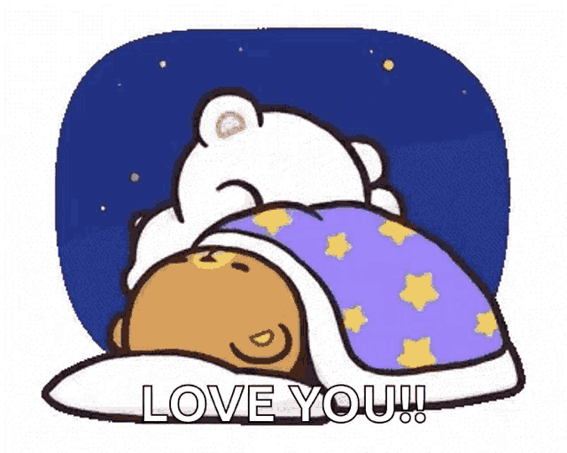 a cartoon of two bears sleeping under a blanket with the words `` love you '' written below them .