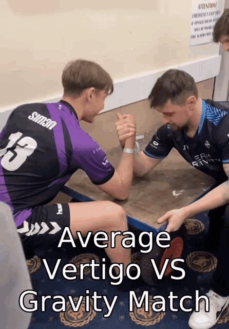 two men arm wrestling with the words " average vertigo vs gravity match " on the bottom