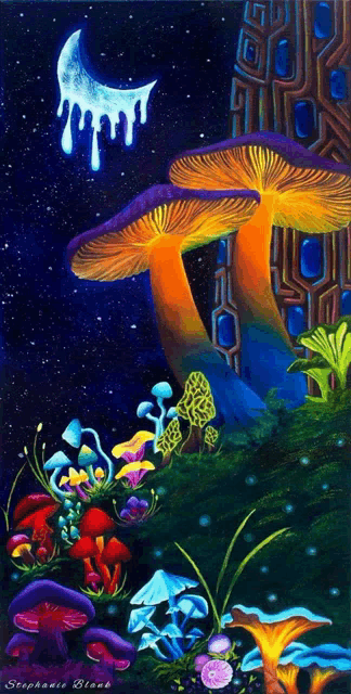 a painting of mushrooms with the name stephanie blank on the bottom right