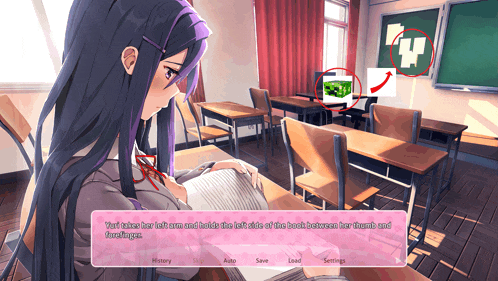 a screenshot of a video game shows a girl sitting at a desk