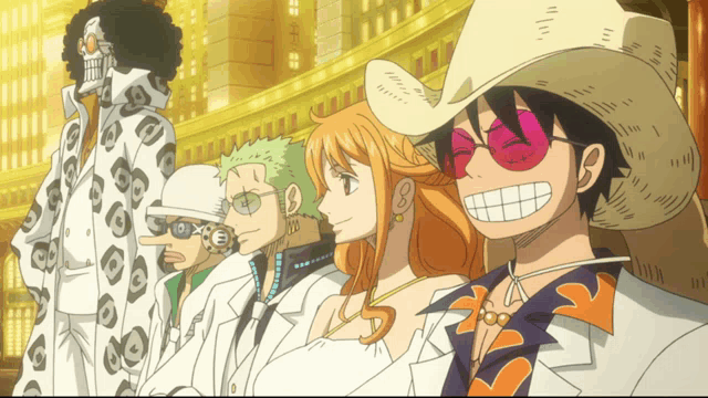 a group of anime characters standing next to each other with one wearing a straw hat