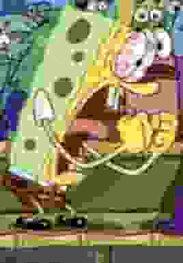 a pixel art of spongebob squarepants and bart simpson with their mouths open