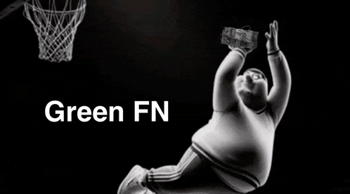 a black and white photo of a man playing basketball with the words green fn above him