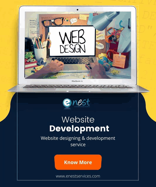 an advertisement for e nest website development shows a person using a laptop