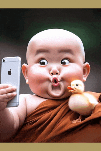 a baby taking a picture of himself with an apple phone