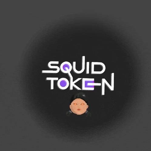 a black background with the words squid token and a squid doll