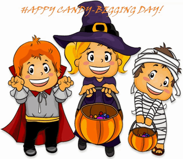 a happy candy begging day greeting card with three children dressed in halloween costumes