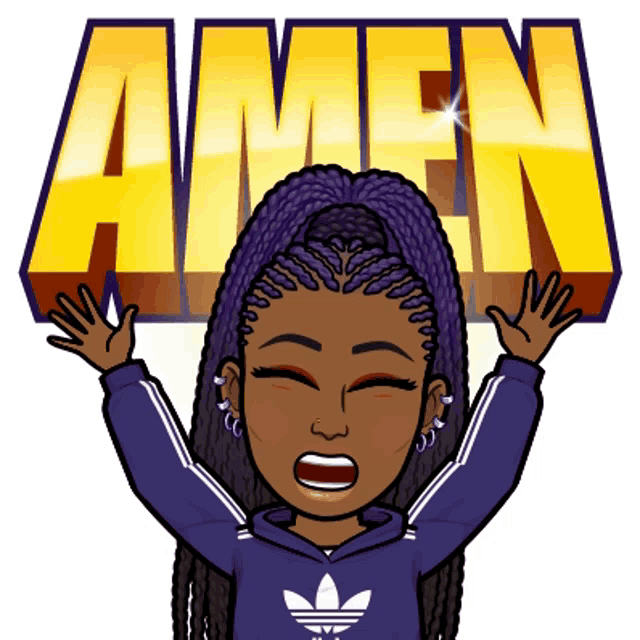 a cartoon girl with purple braids is holding her arms up in front of a sign that says amen