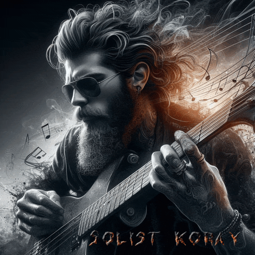 a man with a beard is playing a guitar with the words solist koray written below him