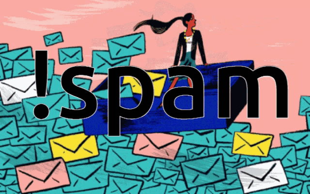 an illustration of a woman sitting on a pile of envelopes with the word spam in the foreground