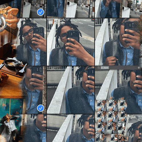 a collage of photos of a man taking a selfie with a japan search bar at the bottom