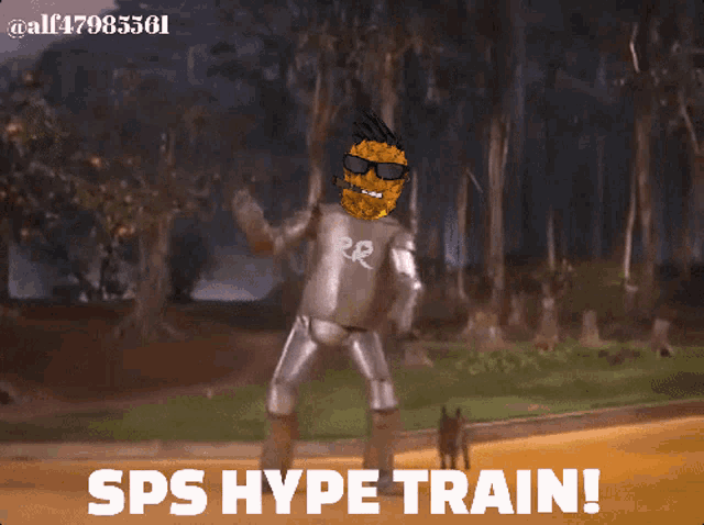 a cartoon of a man with sunglasses and the words sps hype train below him