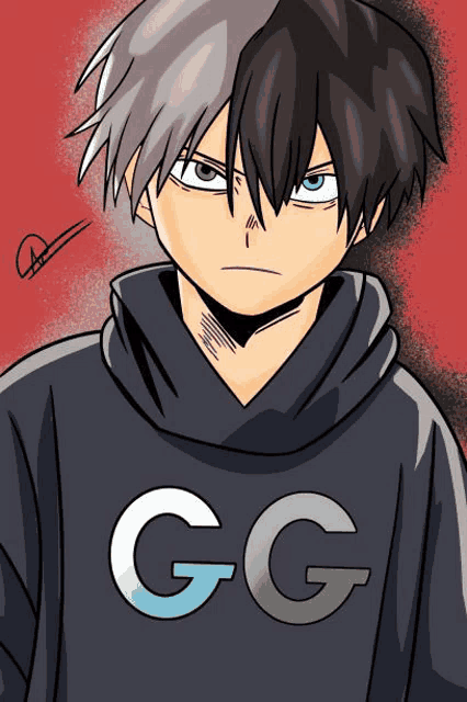 a drawing of a boy wearing a black hoodie with the letter g on it