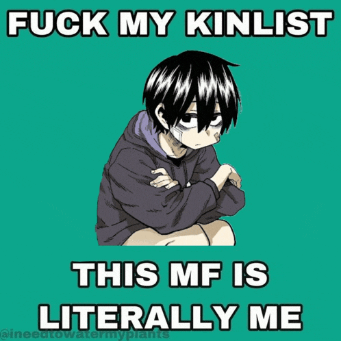 a picture of a boy with the words " fuck my kinlist this mf is literally me " on the bottom