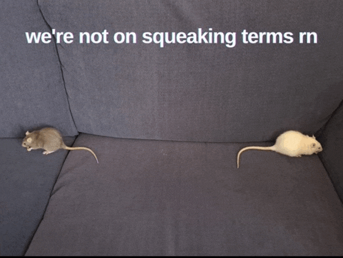 two mice are sitting on a couch with the words we 're not on squeaking terms rn