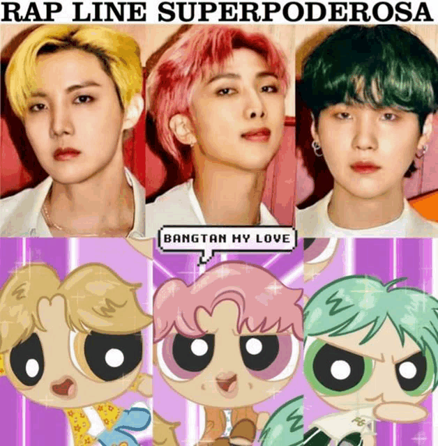 a collage of three cartoon characters with the words rap line superpoderosa