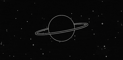 a black and white drawing of a planet with rings around it in space .