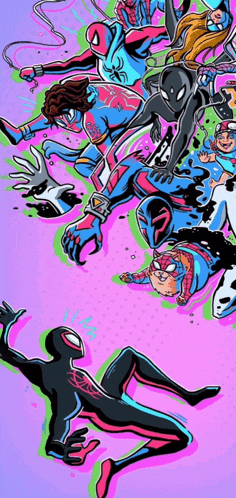 a bunch of spider-man characters are fighting each other on a purple background .