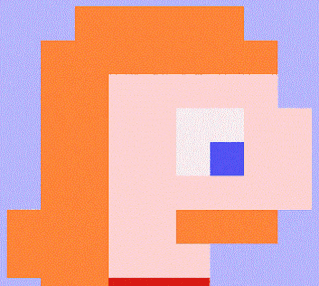 a pixel art of a woman with red hair and a blue square in the eye