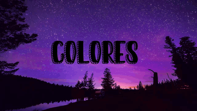 the word colores is on a purple background with trees in the foreground