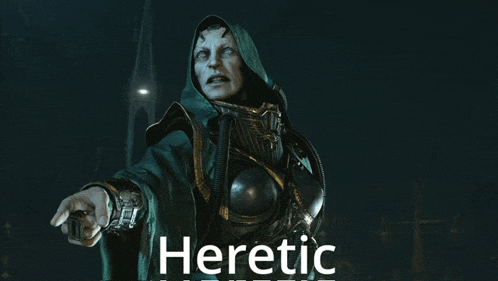 a man in a green robe is pointing with the words heretic below him